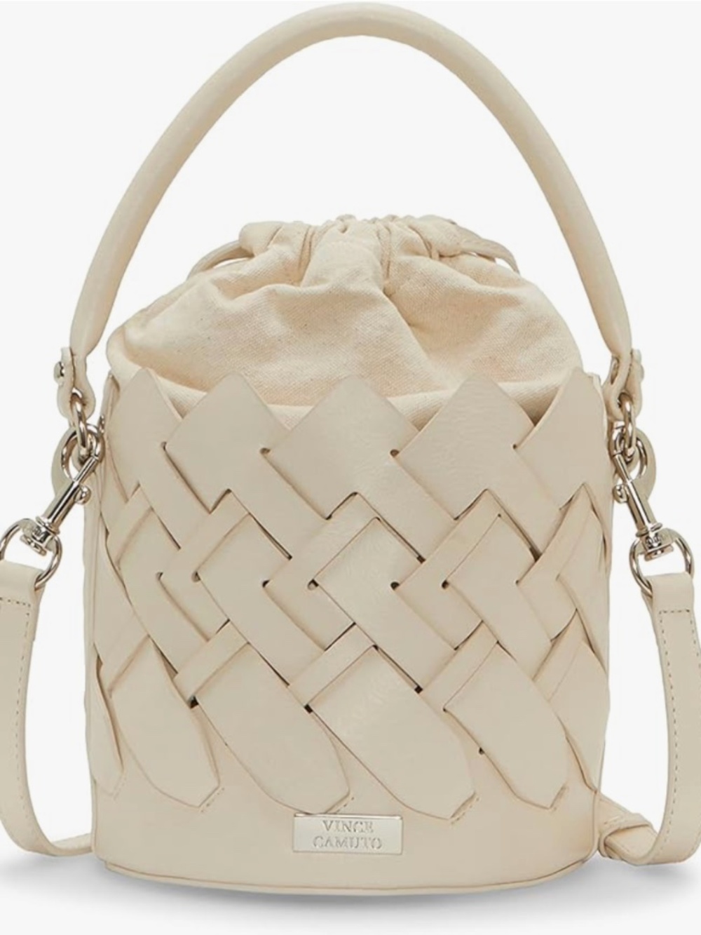NWT Vince Camuto Keanu Woven Leather Drawstring Crossbody in Warm Vanilla